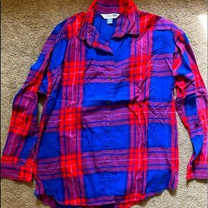 Old Navy Pink & Blue Plaid Boyfriend Flannel Shirt